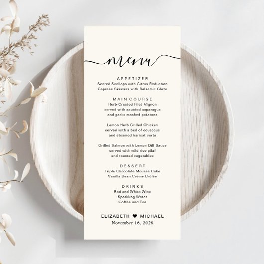 Chique Script Cream Bruiloft Receptie Menu