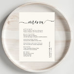 Chique Script Cream Bruiloft Receptie Menu<br><div class="desc">Chique crème bruiloft receptie diner menu met "menu" in een kalligrafie script met swashes,  uw aangepaste menu in eenvoudige moderne typografie,  uw voornamen vergezeld door een hart en uw ontvangstdatum.</div>