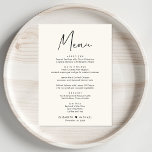 Chique Script Cream Bruiloft Receptie Menu<br><div class="desc">Chique licht creme bruiloft receptie diner menu met "Menu" in een stijlvol modern script,  uw menu in eenvoudige typografie,  uw namen samengevoegd door een hart en uw receptie datum.</div>