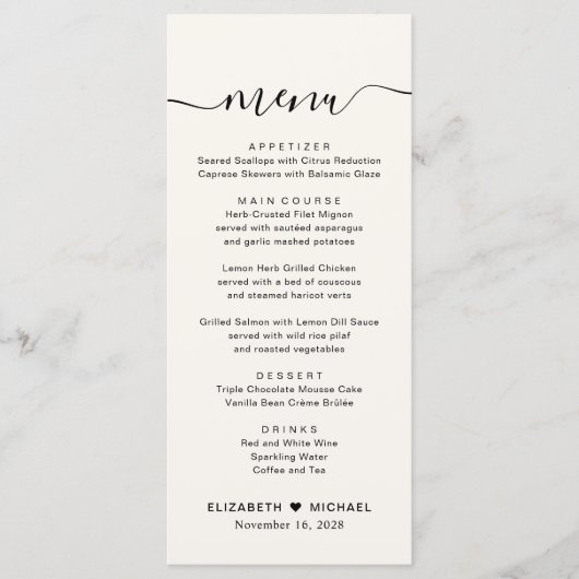 Chique Script Cream Bruiloft Receptie Menu (Voorkant)