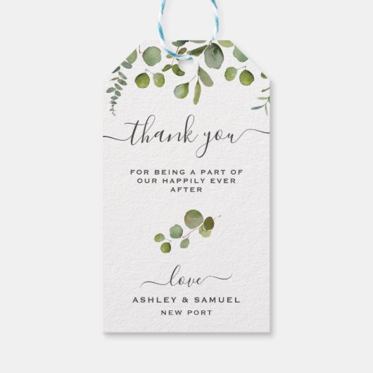 Chique Script Dank u Eucalyptus bruiloft gunst Lab Cadeaulabel (Achterkant)