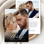 Chique Script Elegant 2 foto bruiloft dank u kaart<br><div class="desc">Elegante moderne Boho kalligrafie Script 2 foto bruiloft dank u kaart. Stijlvolle chique bruiloft dank u sjabloon met een volledige verticale foto op de voorkant met de tekst "Bedankt" in een grillige wervelende hand belettering typografie script swash tail font in witte overlay op het afbeelding en een achterkant een (1)...</div>