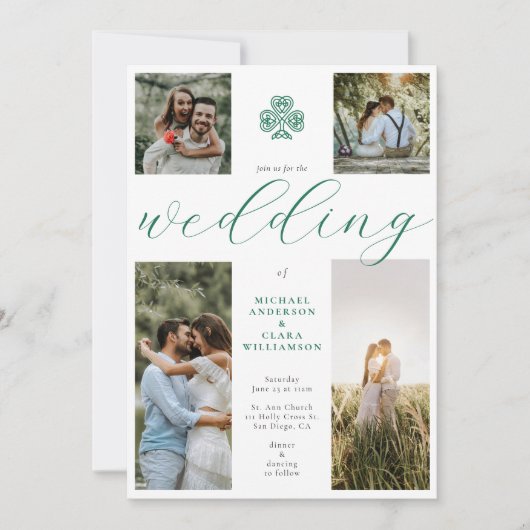 Chique Script Emerald Irish Cross 4 Foto Bruiloft Kaart (Voorkant)