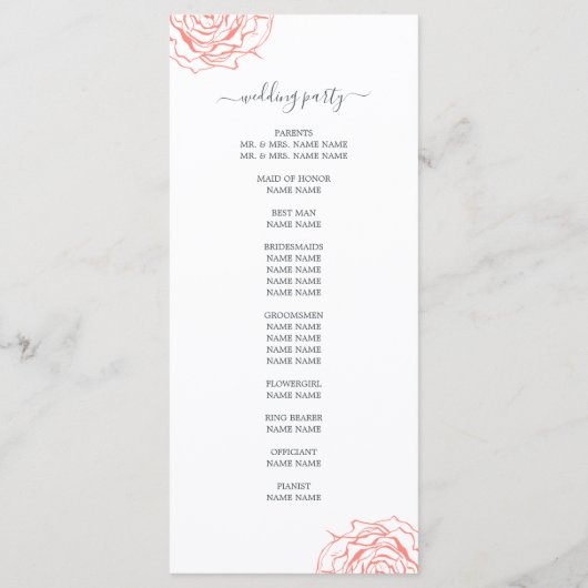Chique Script Floral Koraal Roos Eenvoudige bruilo Programmakaart (Achterkant)