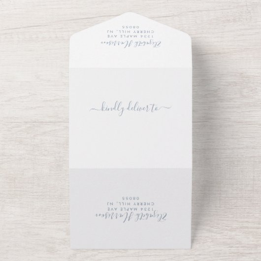 Chique Script Foto 0verlay Dusty Blue Wedding All In One Uitnodiging (Buitenkant)
