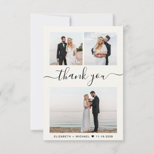 Chique Script Foto Collage Cream Bruiloft Bedankkaart (Voorkant)