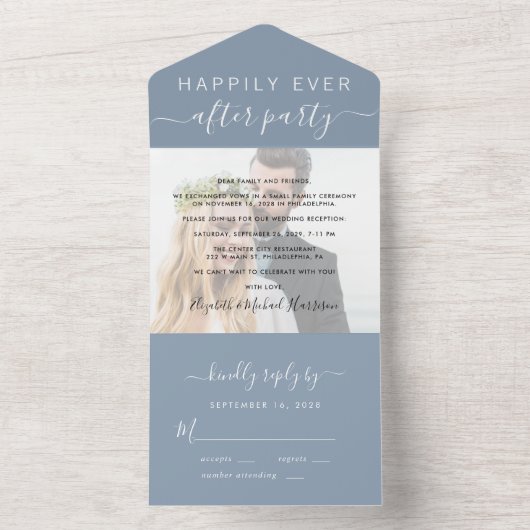 Chique Script Foto Dusty Blue Bruiloft Receptie All In One Uitnodiging (Binnen)