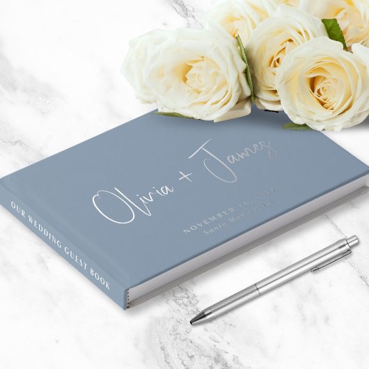 Chique Script Foto Dusty Blue Wedding Gastenboek