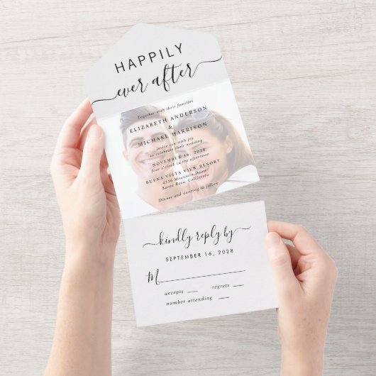 Chique Script Foto Overlay Bruiloft All In One Uitnodiging (Afscheurbaar)