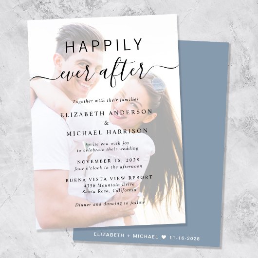 Chique Script Foto Overlay Dusty Blue Wedding Kaart