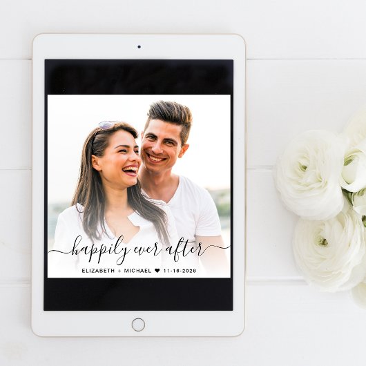 Chique Script Foto Overlay Dusty Blue Wedding Kaart