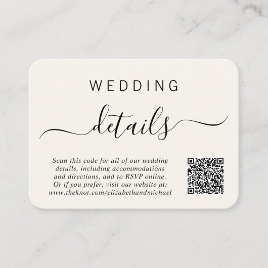 Chique Script Foto QR Code Cream Bruiloft Details Informatiekaartje (Voorkant)