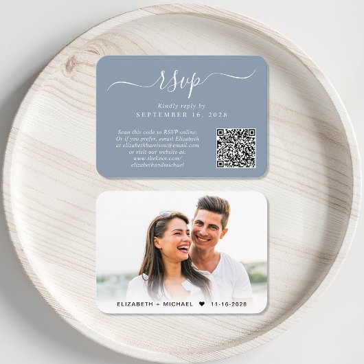 Chique Script Foto QR Code Dusty Blue Wedding RSVP Informatiekaartje