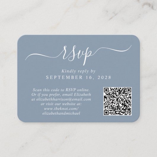 Chique Script Foto QR Code Dusty Blue Wedding RSVP Informatiekaartje (Voorkant)