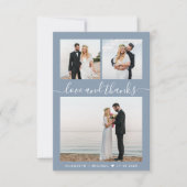 Chique Script Fotocollage Dusty Blue Bruiloft Bedankkaart (Voorkant)