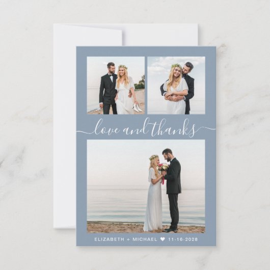 Chique Script Fotocollage Dusty Blue Bruiloft Bedankkaart (Voorkant)