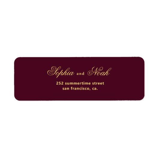 Chique script goud bordeaux bruiloft retour adres etiket (Voorkant)
