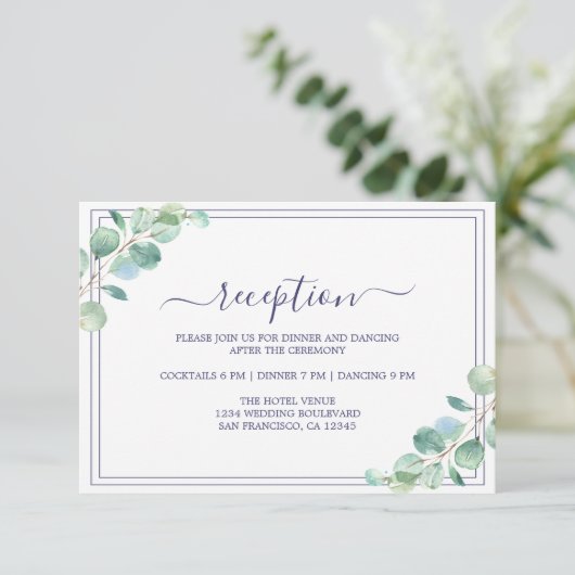 Chique Script Groen Foliage Bruiloft Receptie Informatiekaartje (Staand voorkant)