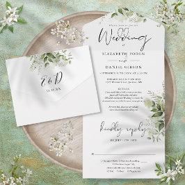 Chique script groene bloemdetails RSVP-huwelijk All In One Uitnodiging
