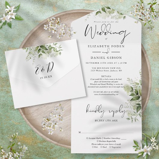 Chique script groene bloemdetails RSVP-huwelijk All In One Uitnodiging