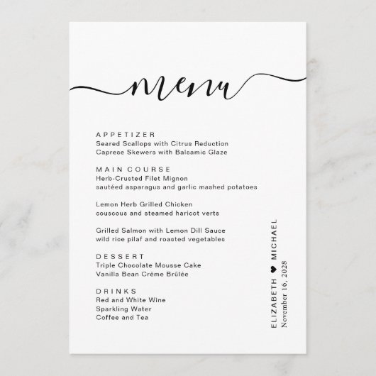 Chique Script Huwelijksreceptie Menu (Voorkant)