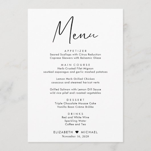 Chique Script Huwelijksreceptie Menu (Voorkant)