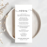 Chique Script Huwelijksreceptie Menu<br><div class="desc">Modern en chique huwelijksreceptie menu met "menu" in een kalligrafie script met swashes,  uw aangepaste menu in eenvoudige typografie,  uw voornamen vergezeld door een hart en uw ontvangstdatum.</div>