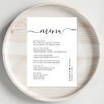 Chique Script Huwelijksreceptie Menu<br><div class="desc">Chique huwelijksreceptie diner menu met "menu" in een stijlvol kalligrafie script met swashes,  uw aangepaste menu in eenvoudige moderne typografie,  uw voornamen verbonden door een hart en uw ontvangstdatum.</div>