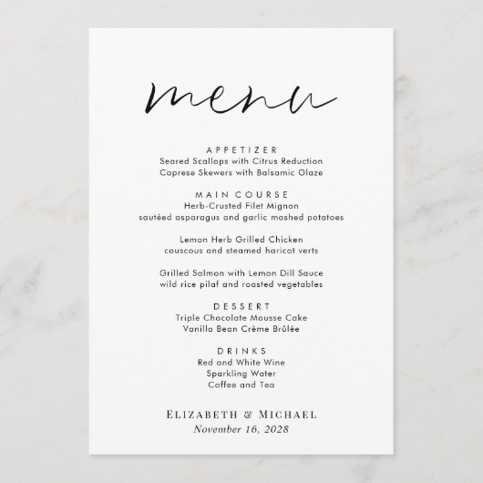 Chique Script Huwelijksreceptie Menu (Voorkant)