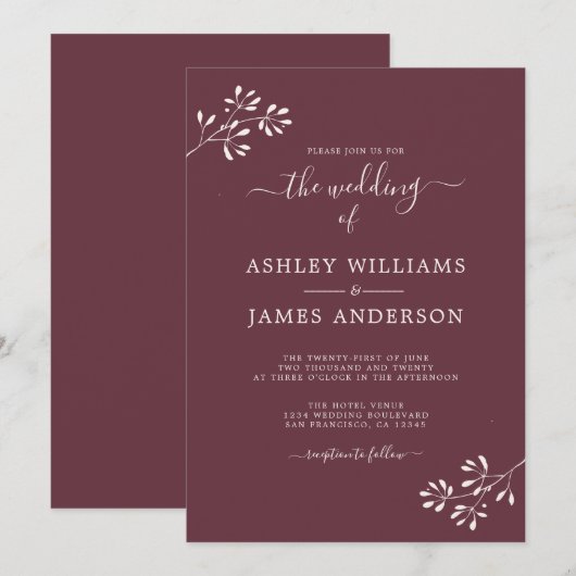 Chique Script Ivoor Foliage Bourgondië bruiloft Kaart (Voorkant / Achterkant)