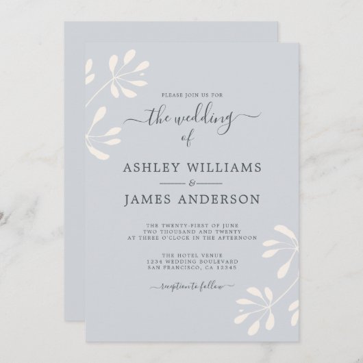 Chique Script Ivoor Foliage Pastel Blauw Bruiloft Kaart (Voorkant / Achterkant)