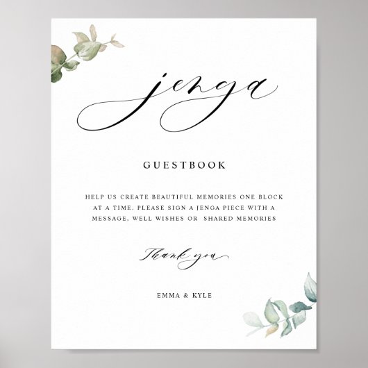 Chique Script Jenga Groen Bruiloft Gastenboek Sign Poster (Voorkant)