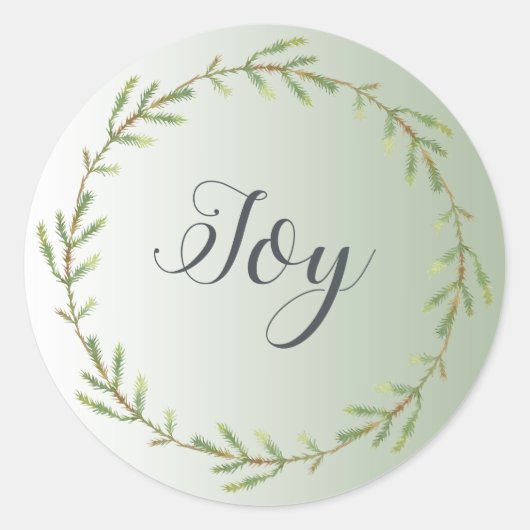 Chique Script Joy Foliage Krans Groene Kerstmis Ronde Sticker (Voorkant)