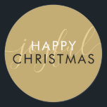 Chique Script Joyful Modern Happy Christmas Gold Ronde Sticker<br><div class="desc">Modern elegant script vrolijke gouden ronde sticker voor u om te personaliseren met uw vakantiebericht. U kunt de achtergrondkleur aanpassen aan uw vakantiethema. Ontworpen door Thisnotme©</div>