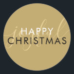 Chique Script Joyful Modern Happy Christmas Gold Ronde Sticker<br><div class="desc">Modern elegant script vrolijke gouden ronde sticker voor u om te personaliseren met uw vakantiebericht. U kunt de achtergrondkleur aanpassen aan uw vakantiethema. Ontworpen door Thisnotme©</div>