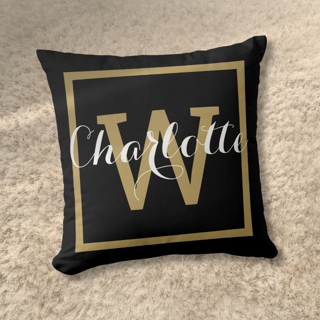 Chique Script Modern Goud Monogram Zwart Kussen (Chic Script Modern Gold Monogram Black Throw Pillow)