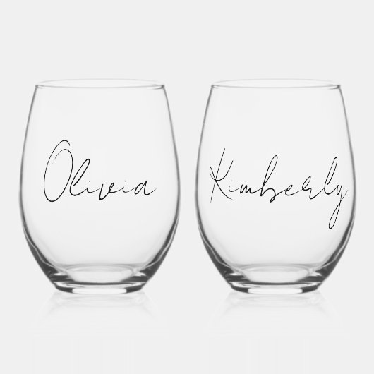 Chique Script Monogram Bachelorette Bruidsfeest Wijnglas Zonder Voet (Voorkant)