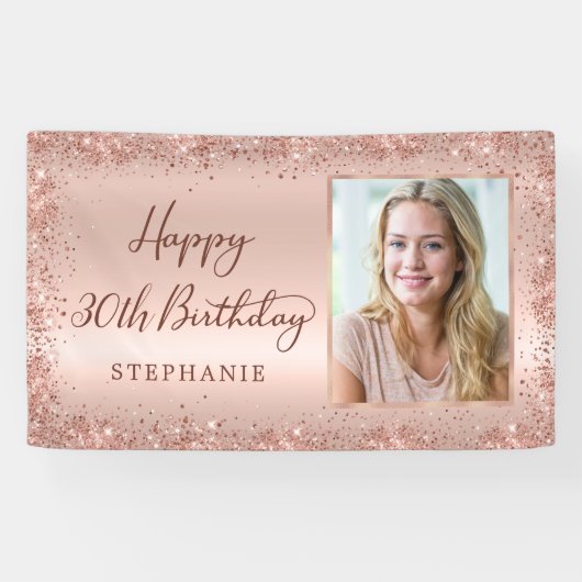 Chique Script Roos Gold Glitter Foto 30e Verjaarda Spandoek (Horizontaal)