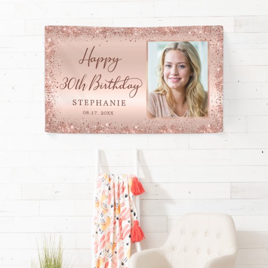 Chique Script Roos Gold Glitter Foto 30e Verjaarda Spandoek (Insitu)