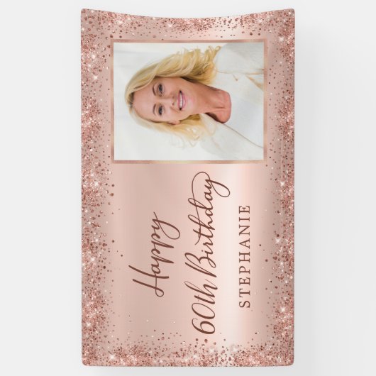 Chique Script Roos Gold Glitter Foto 60e Verjaarda Spandoek (Verticaal)