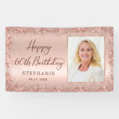 Chique Script Roos Gold Glitter Foto 60e Verjaarda Spandoek (Horizontaal)