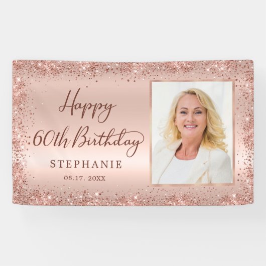 Chique Script Roos Gold Glitter Foto 60e Verjaarda Spandoek (Horizontaal)