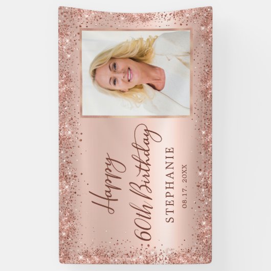 Chique Script Roos Gold Glitter Foto 60e Verjaarda Spandoek (Verticaal)