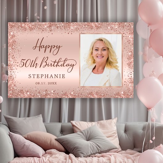 Chique Script Roos Gouden Glitter Foto 50e Verjaar Spandoek