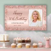 Chique Script Roos Gouden Glitter Foto 50e Verjaar Spandoek