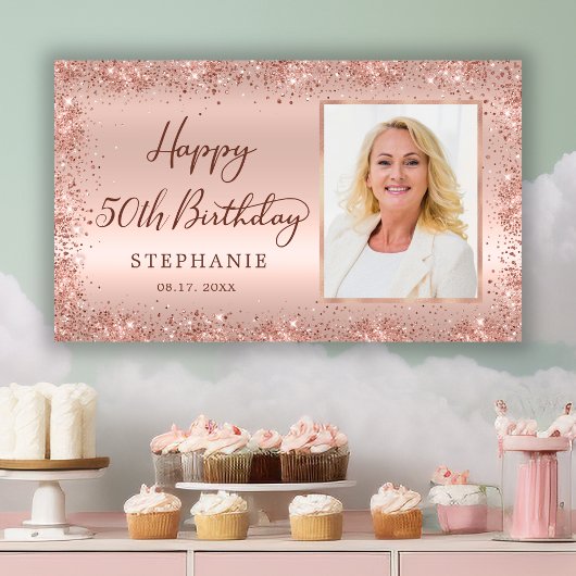 Chique Script Roos Gouden Glitter Foto 50e Verjaar Spandoek