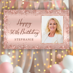 Chique Script Roos Gouden Glitter Foto 50e Verjaar Spandoek