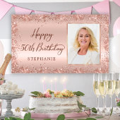 Chique Script Roos Gouden Glitter Foto 50e Verjaar Spandoek