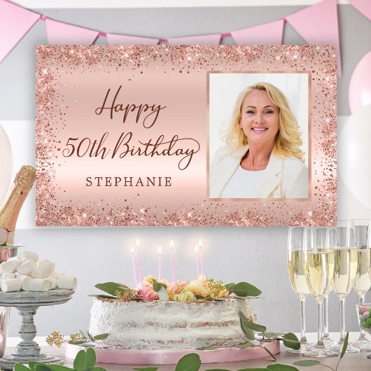 Chique Script Roos Gouden Glitter Foto 50e Verjaar Spandoek