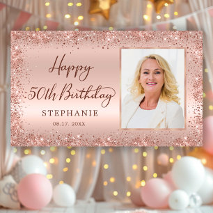Chique Script Roos Gouden Glitter Foto 50e Verjaar Spandoek